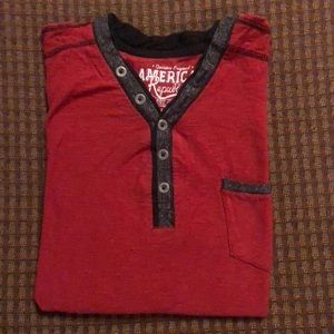 American Republic Henley Style Short Sleeve Shirt, Kids S, Red w/Grey & Black